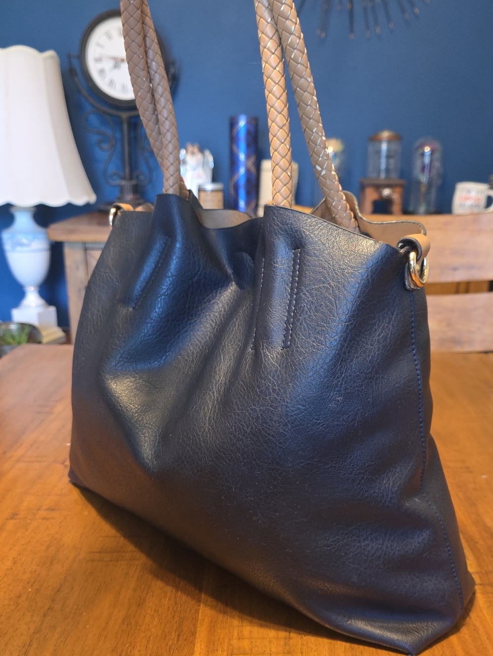 Classic Black Tote Bag with Braided Tan Handles - Picture 15 of 16